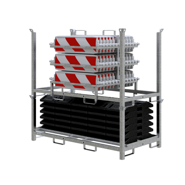 SET | with 30 traffic panels and accessories | on top part and storage and transport pallet | with foil RA1/A, red/white | on both sides hatched | BASt turn traffic panel
